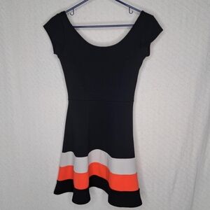 Black and Orange Fit and Flare Mini Dress with Scoop Neck